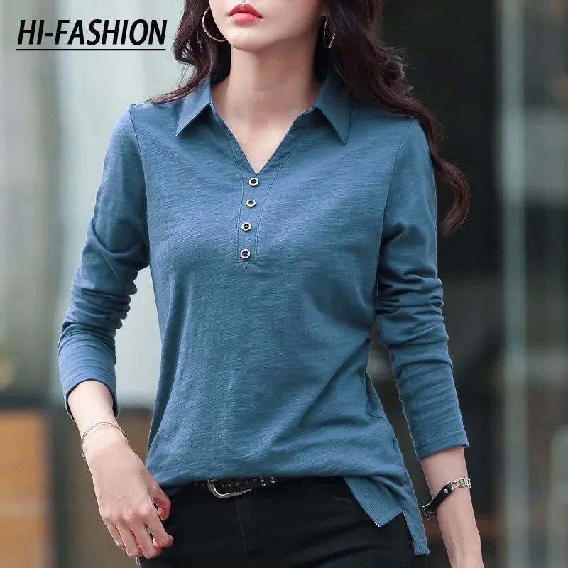 

HI FASHION Autumn Cotton Button T Shirt Korean Harajuku Women Lapel Office Long Sleeve Tops Za Woman Plus Size Tee Femme 220714, Purplered