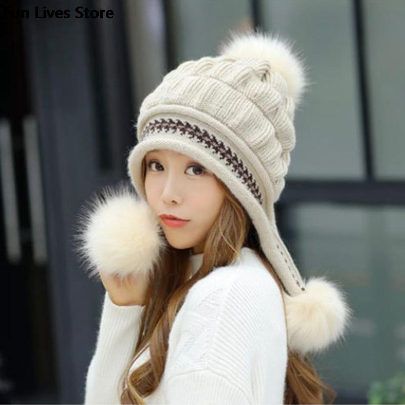

Berets Winter Knitted Beanies Hats Women Thick Warm Beanie Skullies Hat Pompom Knit Bonnet Caps Outdoor Riding Skiing Headwear, Rd