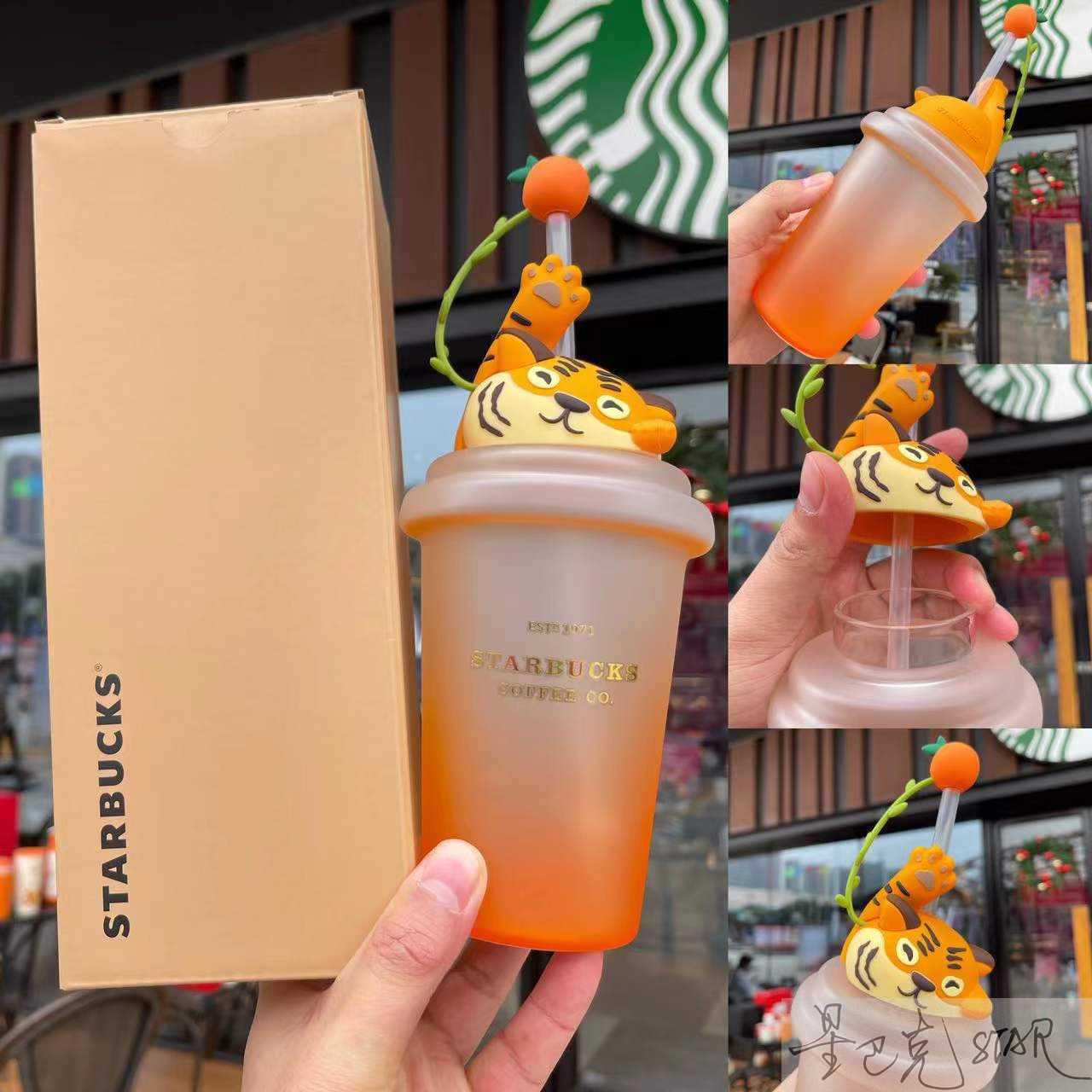 Starbucks New Year gift 520ml cute tiger shape gradient glass large capacity coffee straw water cup-image-760309445