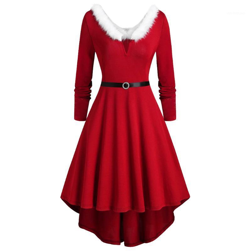 

Casual Dresses Christmas Women Long Sleeve Dress Winter Sexy V-Neck Midi Swing Faux Fur Pleated Asymmetric Party Santa Costume 5XL, Red