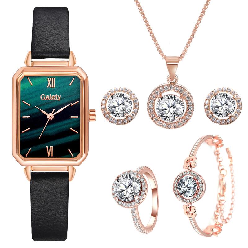 

Wristwatches Gaiety Brand 5pcs Set Casual Watch For Women Rhinestone Bracelet Leather Ladies Wrist Clock Gfit Montre FemmeWristwatches, Green