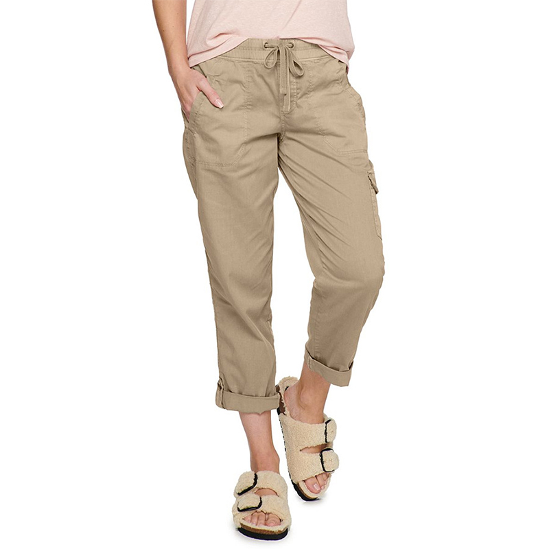 

Women Cotton Cargo Pants Drawstring Elastic Waist Side Pockets Mid Rise Casual Loose Capris Trousers, Pink