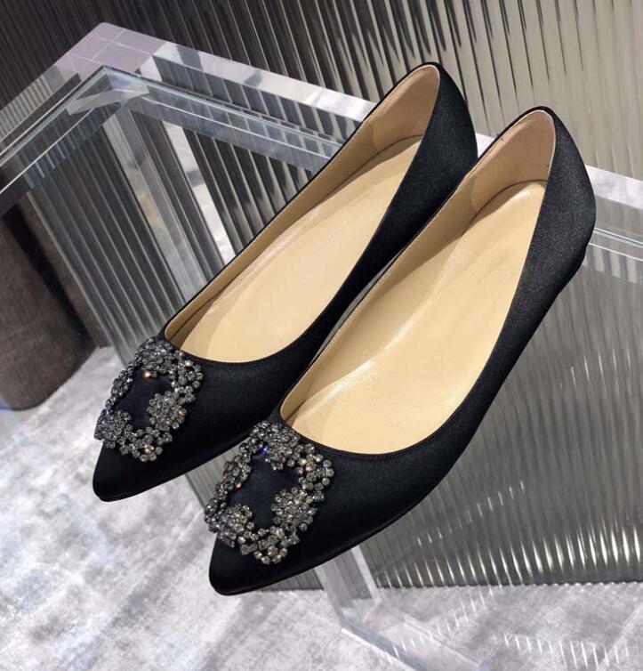 

Brand Ladies Flat Shoes Ladies Pointed Toe High Heels Rhinestone Square Buckle 2022 Satin Shoes Wedding Flats Plus Size 35-42