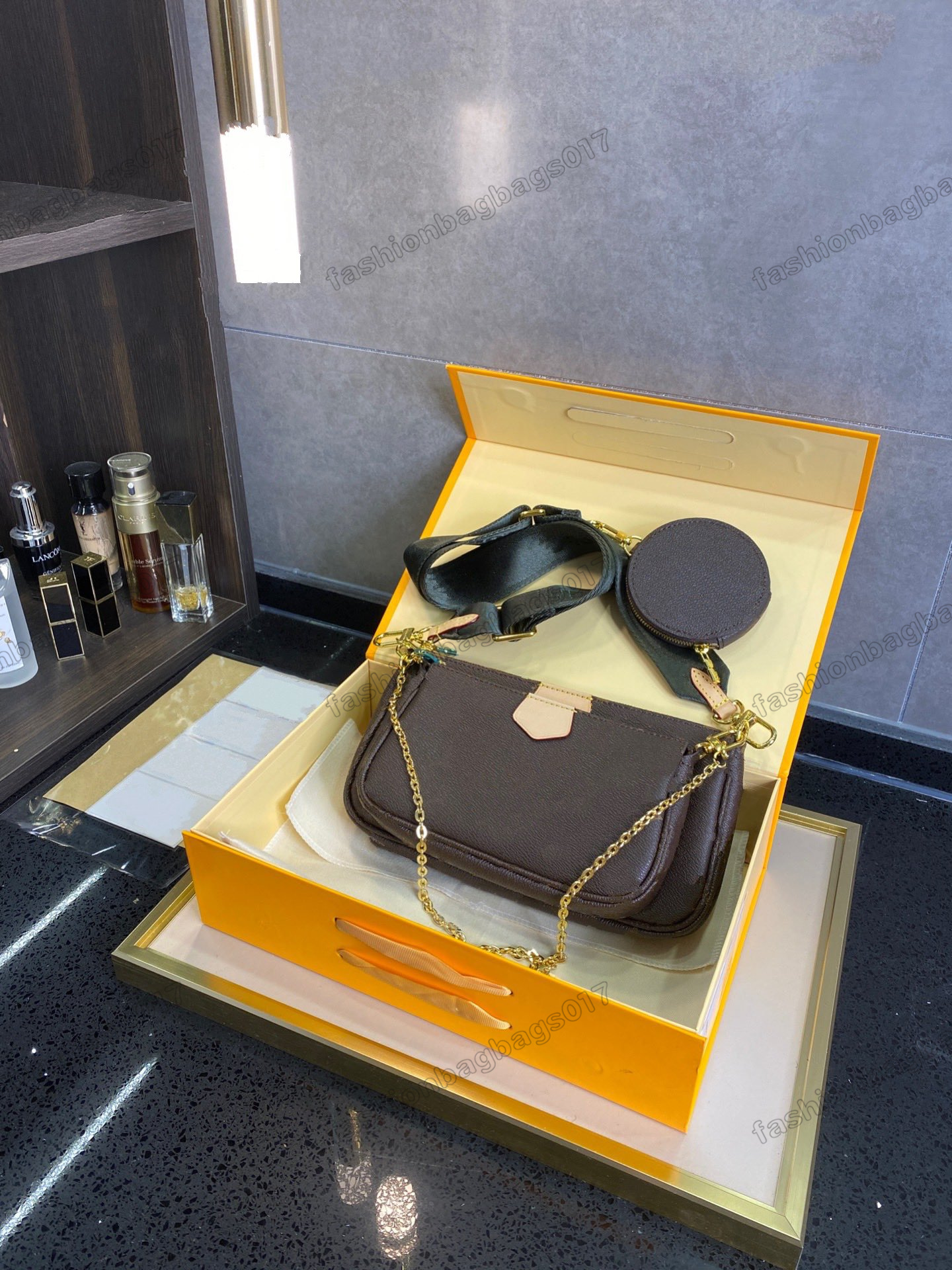 

M44813 Multi Pochette Accessories Hybrid Chain Bag Monograms Canvas with Jacquard Wide Strap Round Zipped Coin Purse 3 pieces KHAKI/ROSE CLAIR