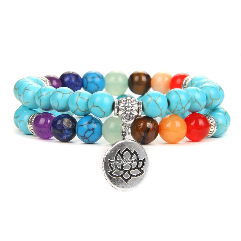 

Charm Bracelets Lotus For Women Men 7 Chakra Turquoises Stone Bracelet Lava Pink Quartzs Stretch Bangles Buddha Yoga JewelryCharm
