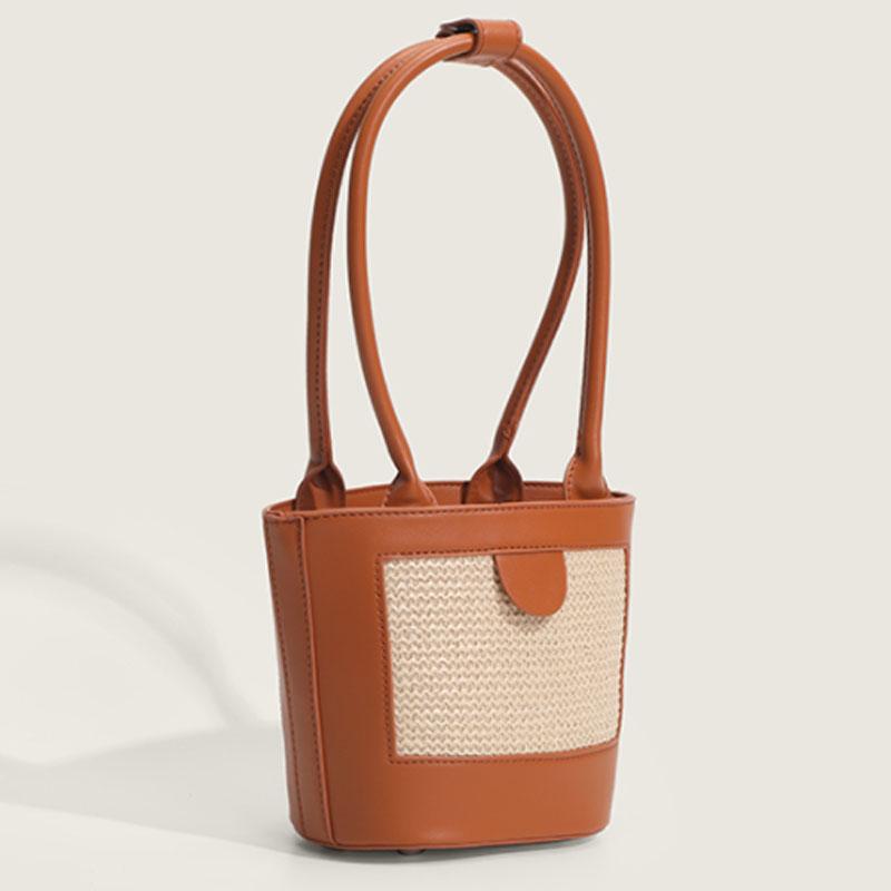 

Evening Bags Summer Design Straw Woven Contrast Bucket Bag Vintage Hand Carry Shoulder Armpit BagEvening, White
