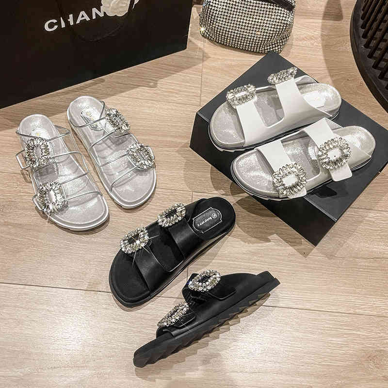 Slippers Mr. h / summer RV one line double belt leather sandals women's buckle s thick soled transparent slippers