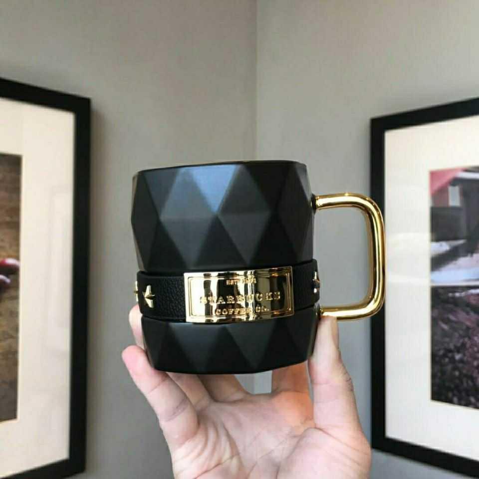 Starbucks cup new classic black gold ribbed ceramic mug fashion ring desktop water coffee-image-759468906