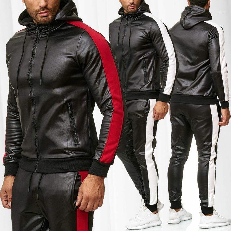 

Men' Tracksuits Autumn And Winter Men PU Leather Patchwork Hooded Long-sleeved Jacket Trousers Set Casual Sport Suit, 02