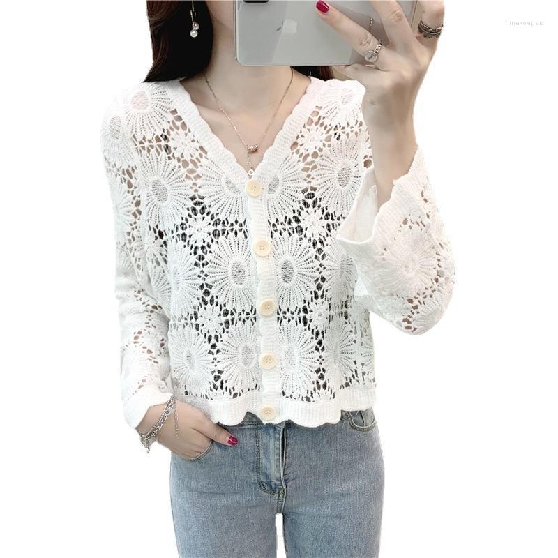 

Women's Knits & Tees Women Knitted Cardigan Sweater 2022 Fashion Spring Autumn V-neck Hollow Lace Long-sleeve Short Coat Female TopsWomen's, White