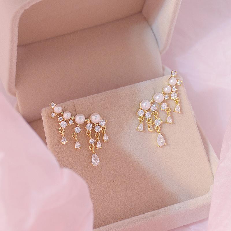 

Stud Ins Temperament Tassel CZ Women Earrings 14K Real Gold Bohemia Zircon Pearl Earring Brincos Birthday Gift PendantStud