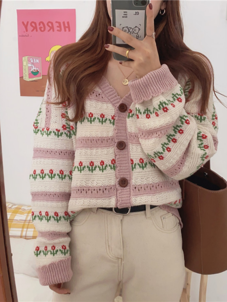 

Hsa Spring Autumn Women Korean Style Chic Flowers Raglan Sleeve Floral Harajuku Sweater Knitted Cardigan Jumpers Thin clothing, Jh 62032099 black