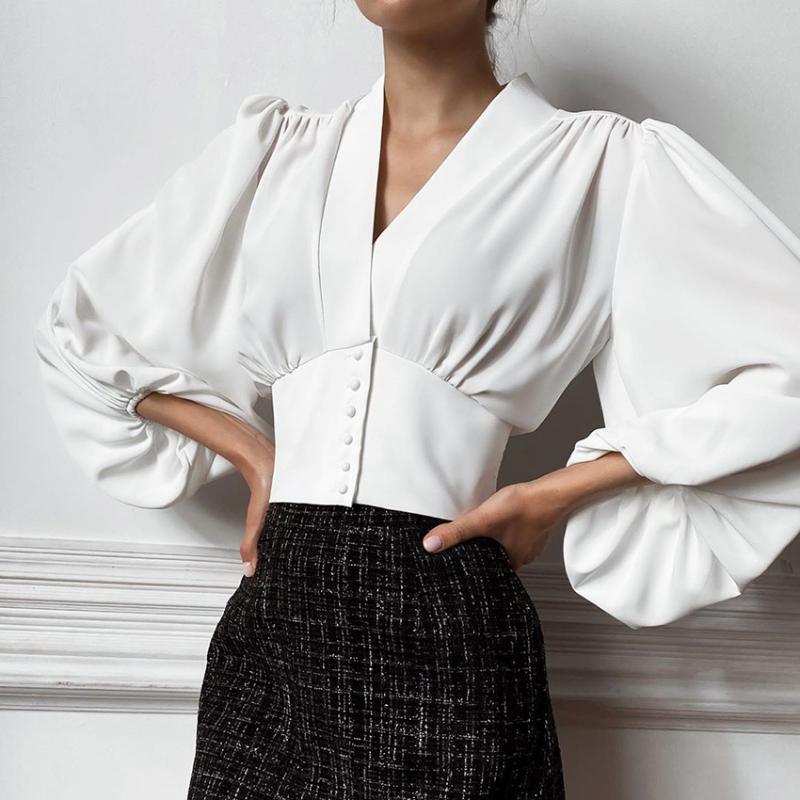 Blouses pour femmes chemises dames printemps automne élégant Sexy lanterne à manches longues Blouse chemise femmes haut col en V boutonné Vintage