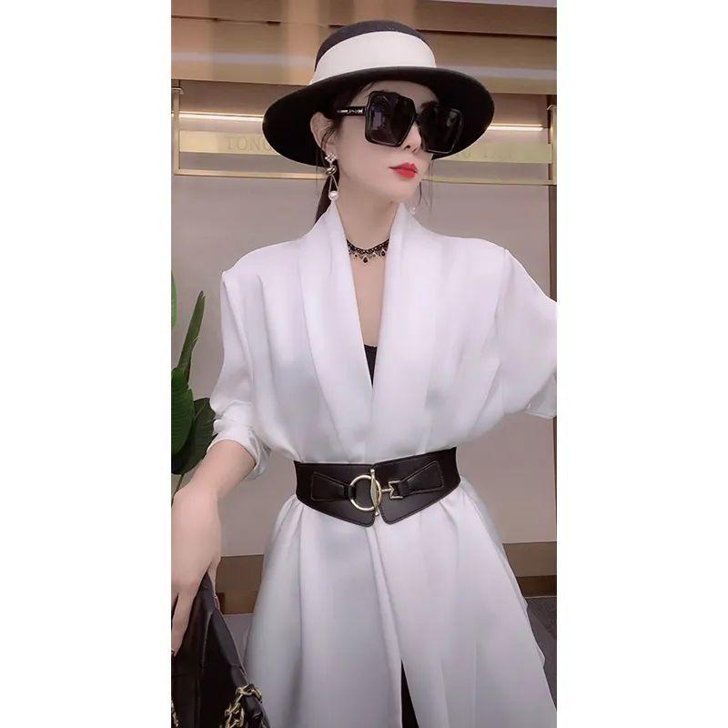 

Women's Blouses & Shirts Women's Fashion Shirt Long Sleeve Cardigan Top Loose Slim Fit Sun Protection Jacket Designer Office Lady, Black without belt