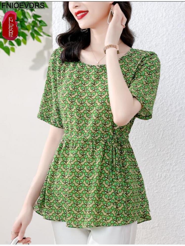 

Women' Blouses & Shirts Summer Short Sleeve Loose Lazy Clothes Floral Women Vintage Shirt Female Casual Peplum Retro Green TopsWomen
