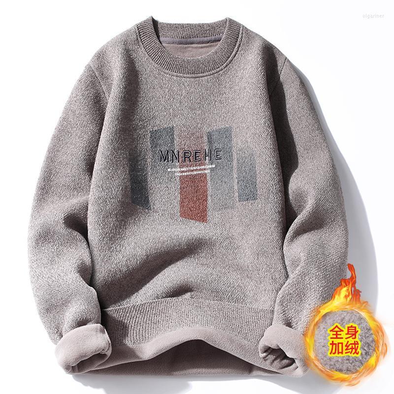

Men's Sweaters Pullover Men's Autumn And Winter Fleece Thick Print Round Neck Bottom Knit Trend Warm WearMen's Olga22, 8891 brown