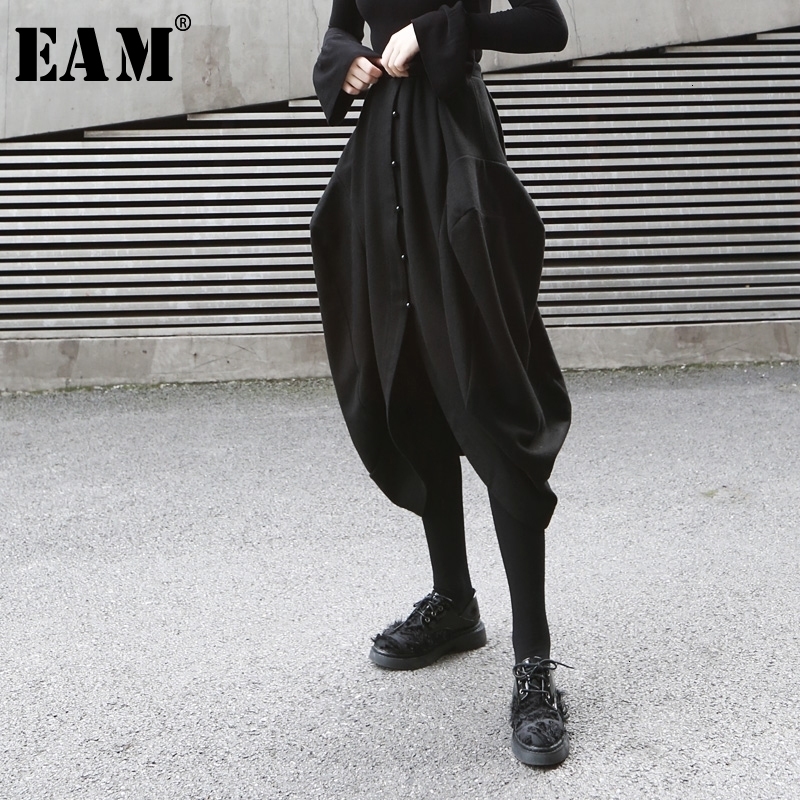 

EAM High Elastic Waist Black Button Split Joint Temperament Halfbody Skirt Women Fashion Spring Autumn 1D833 Y200326