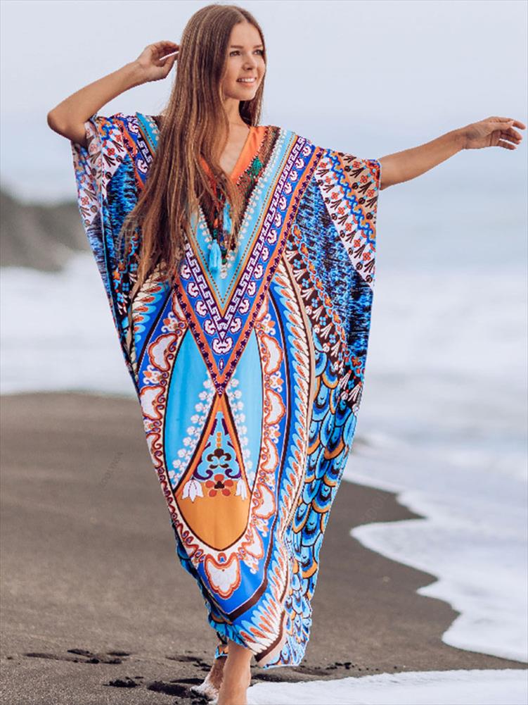 

Bohemian Printed Summer Holiday Dress Blue Tunic Women Beach Wear Kaftan V-neck Bats Sleeve Maxi Robe Q956, Color4