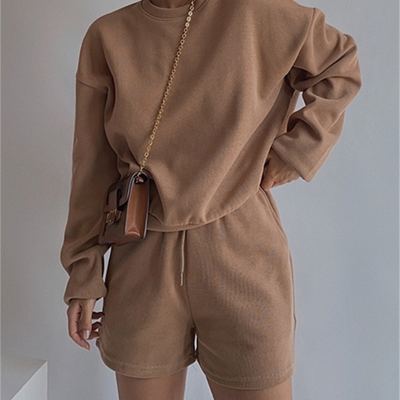

Women High Quality Hoodies Tracksuits 2 Piece Set Summer Autumn Sweatshirt Sporting Shorts Outfit Solid Pants Suit 220815, Khaki short sleeve
