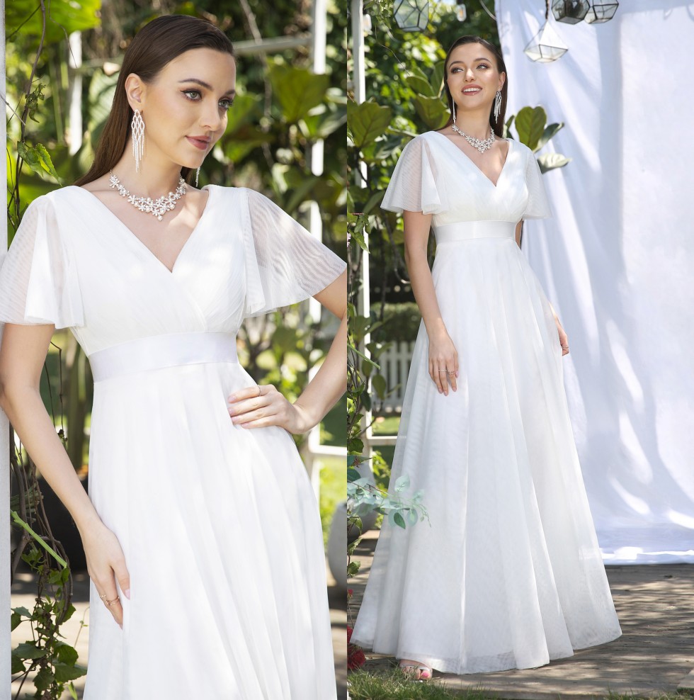 

Beige V Neck Tulle A Line Beach Summer Wedding Dresses Women Elegant Flare Short Sleeves Ribbon Belt Ruched Floor Length Bridal Gowns Vestido Largo cps3014, Same as image