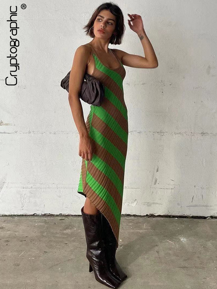 

Fashion Green Striped Print Summer 2022 Tank Dress for Women Sleeveless Club Party Irregular Midi Dresses Clothes
