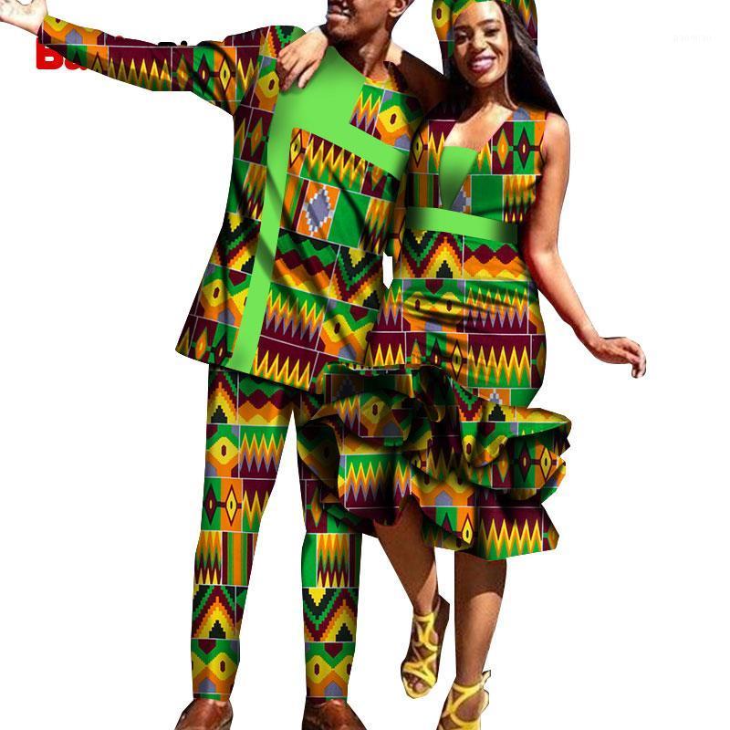 

Ethnic Clothing African Dress Couple Wedding Men Shirt Suit & Women Slim Dresses Promotion Gifted Headwrap Family WYQ523