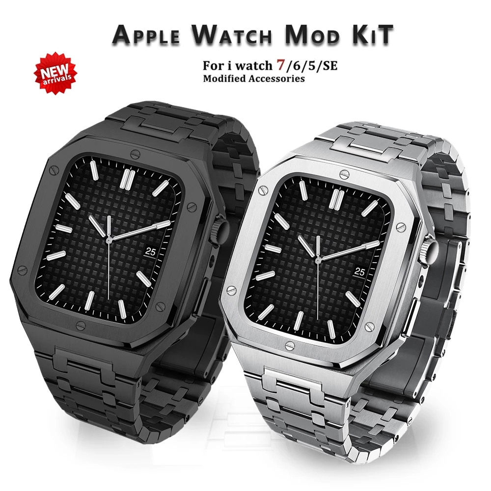 

New Stainless Steel Modification Mod kit Strap with Case For Apple Watch Band 45mm IWatch Series 7 6 5 4 3 SE 44mm Noble Luxury Metal Accessories