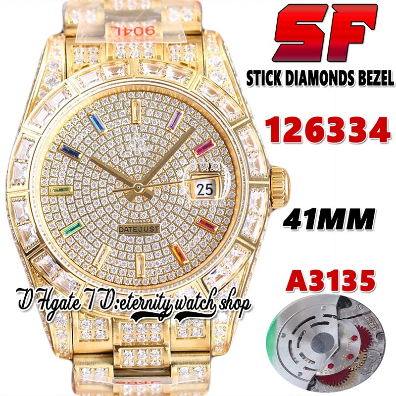 

SF Latest ew126334 A3135 Automatic Mens Watch tw126333 bl86405 Diamond Rainbow Stick Markers Dial 904L Steel Iced Out Diamonds Gold Bracelet Super eternity Watches, Watch waterproof cost