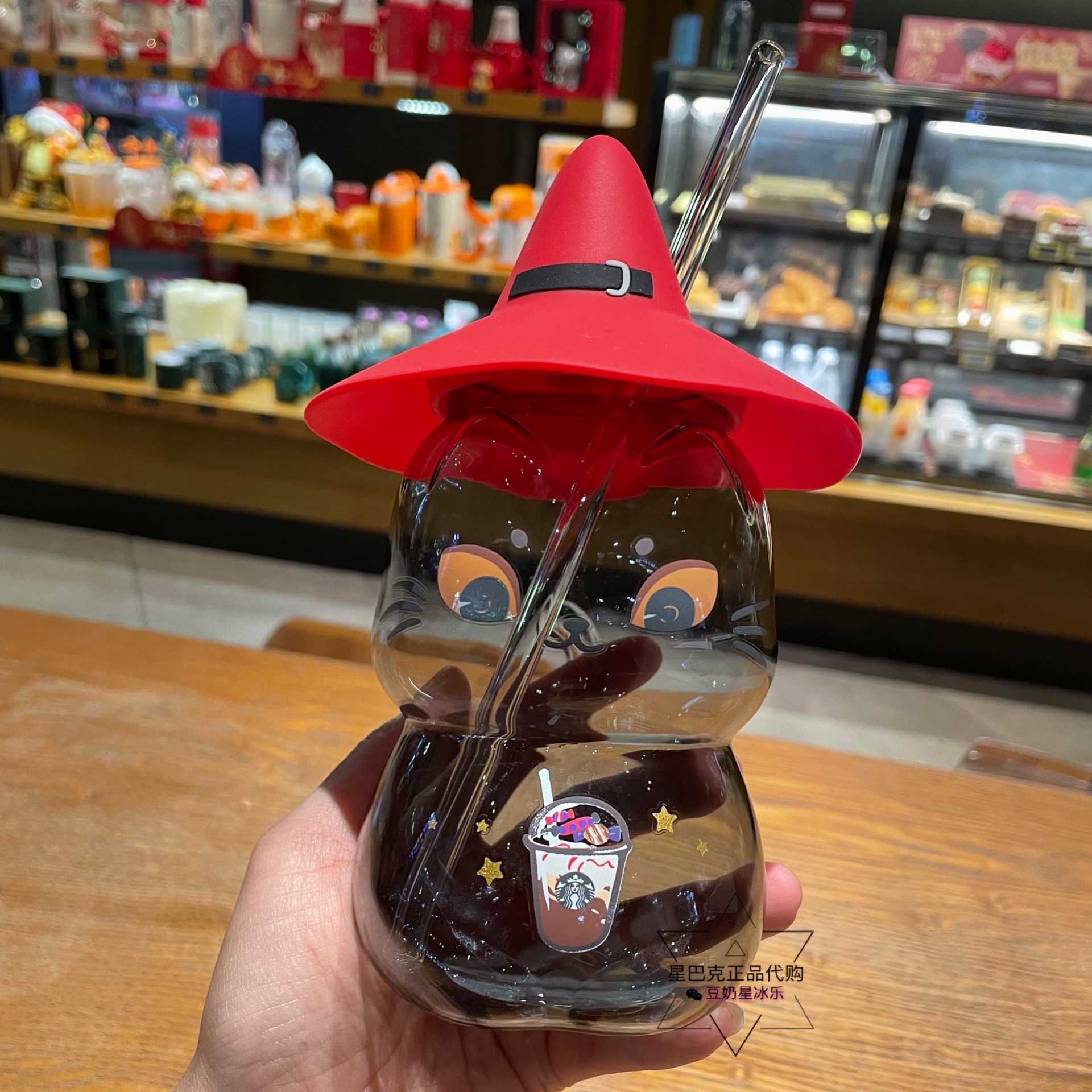 Starbucks Halloween Black Cat Hat straw cup mysterious cat glass Mason bottle lovely with cover-image-760161043
