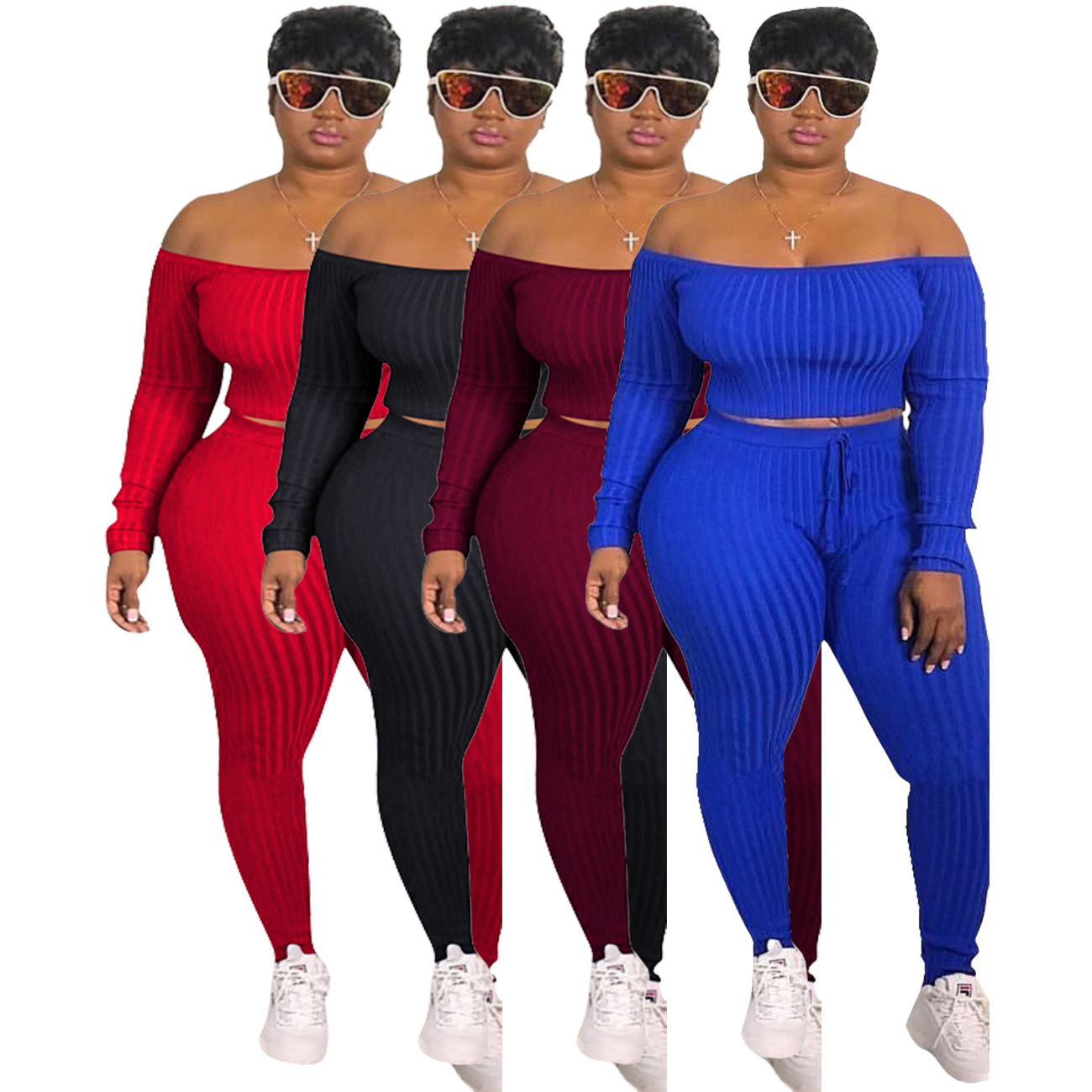 Ensembles de pantalons deux pièces pour femmes de grande taille épaules dénudées haut court à manches longues et pantalon long combinaison moulan