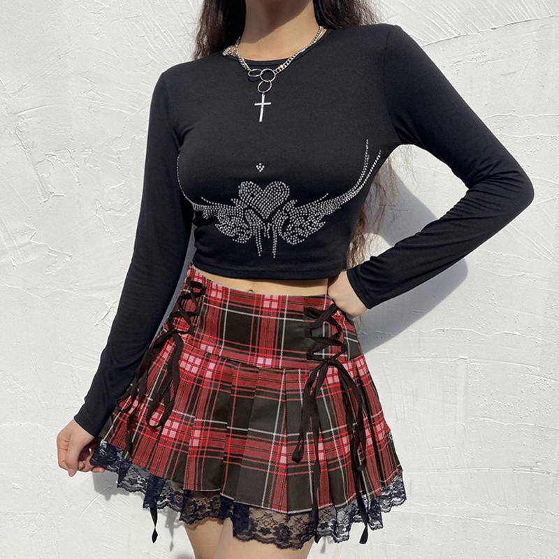 

Women' T-Shirt Gothic Style Fashion Slim Printed Round Neck Long-sleeved Casual Top Bottoming Shirt Women No Accessories, Black