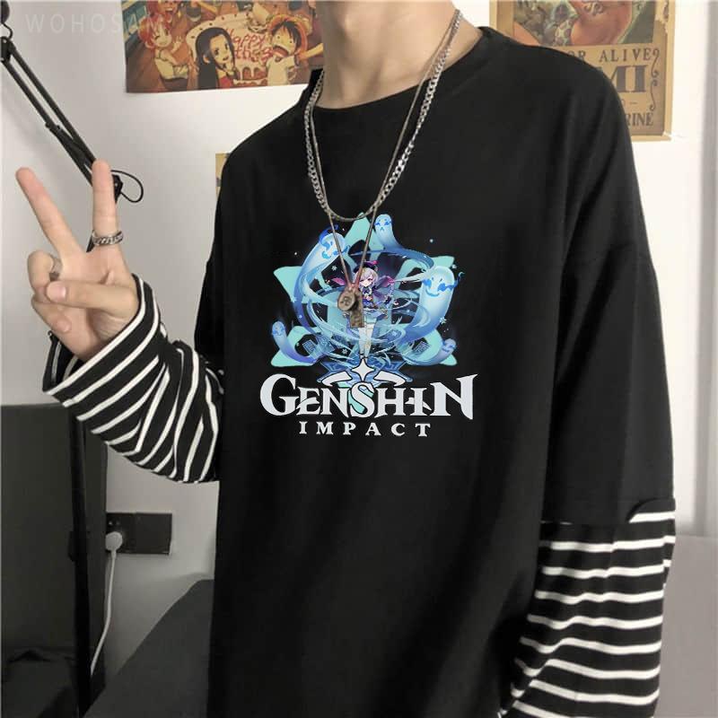 

Men' T-Shirts Harajuku Anime Adventure Game Genshin Impact Kawaii Qiqi Print Long Sleeve T Shirt Summer Fashion Casual Women Stripes T-Shir