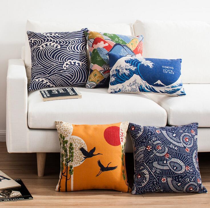 

Cushion/Decorative Pillow Japanese Ukiyo-e Style Cushion Cover Cotton Linen Large Retro Case Throw