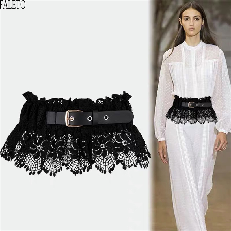 

Faleto New Fashion Women Lace Belt Spring Autumn Elegant Black White Peplum Belts Wide PU Buckle Ladies Dress Skirts Waistband0613