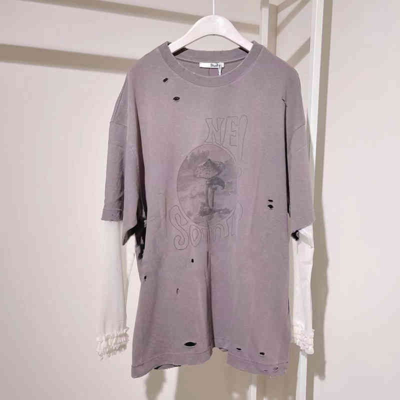 

High Quality t Shirt Swedish Niche Acne Stitched Long Sleeve Perforated T-shirt Spring / Summer 2022 New Loose Casual Printed Men's and Women's, Light purple