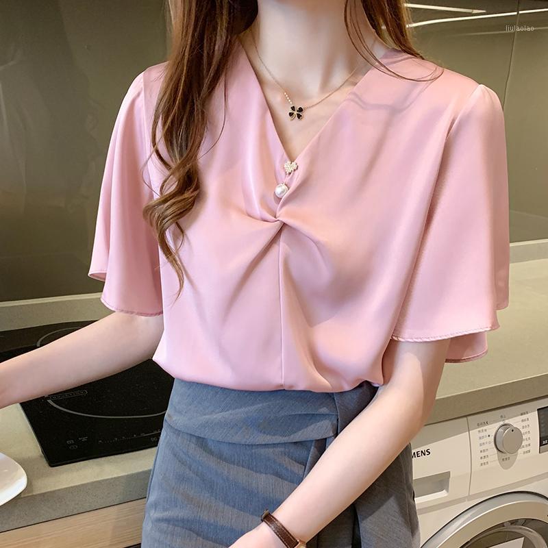 

Women' Blouses & Shirts Chikichi 2022 Summer Style Korean Version Of V-neck Fashion Design Horn Short-sleeved Chiffon Shirt Ladies Top, Pink