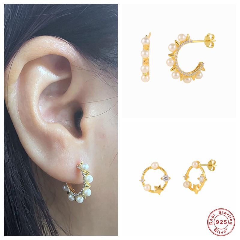 

Hoop & Huggie Aide 925 Sterling Silver Warm Shiny Freshwater Pearl Beads Opening Circle Earrings For Women Star Zircon Pave EarringsHoop