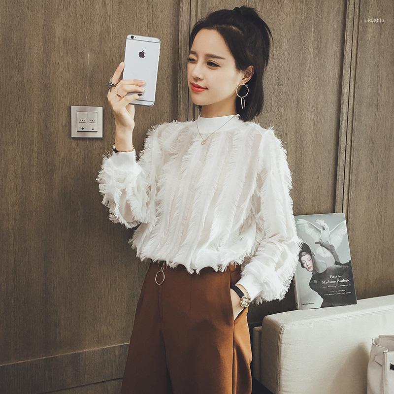 

Women's Blouses & Shirts 2022 Top Polyester Acetate Regular Korean Plus Size Blouse Spring Shirt Loose Tassel Sets Of Chiffon Long-sleeved W, Black