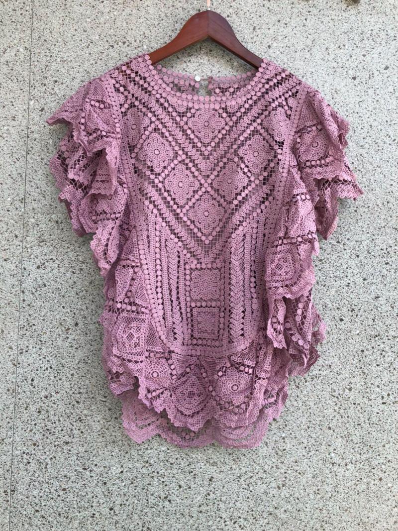 

Women' Blouses & Shirts 2022 Summer High Quality Women Ruffles Hollow Shirt Blouse For Ladies Tops 2 Color Tutu, Lavender