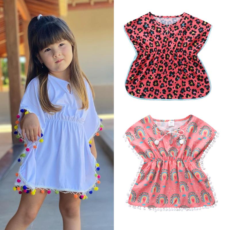 

Girl's Dresses 0-5Y Summer Kids Girls Beach Dress Swimwear Rainbow Leopard Printed Tassel Elastic Mini 5 StyleGirl's, Blue