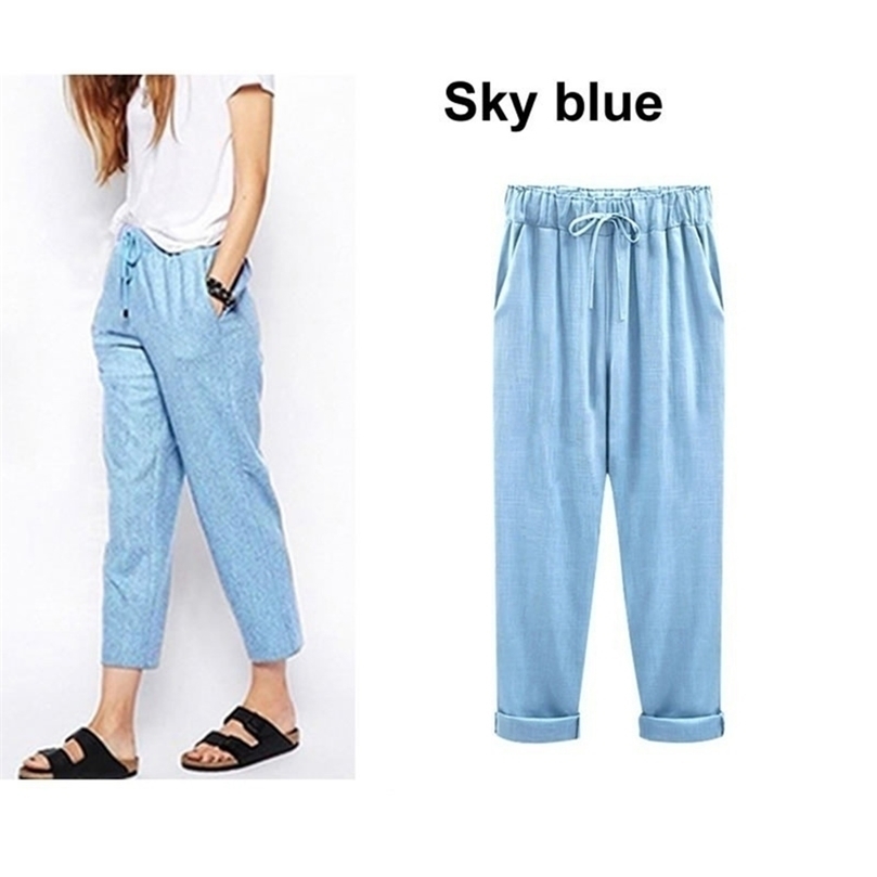 

ZOGAA Plus Size Women Pants Casual Ankle Length Trousers Solid Elastic Cotton Linen Cropped Pants Hip Hop Loose Harem Pants 201228, Sky blue
