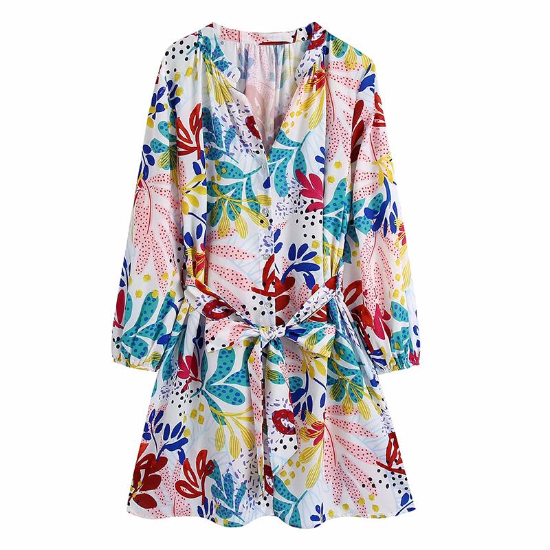 

Casual Dresses Women Chic V Neck Lantern Long Sleeve Mini Dress Vintage Floral Printed A Line With Belt Female Elegant, Black;gray