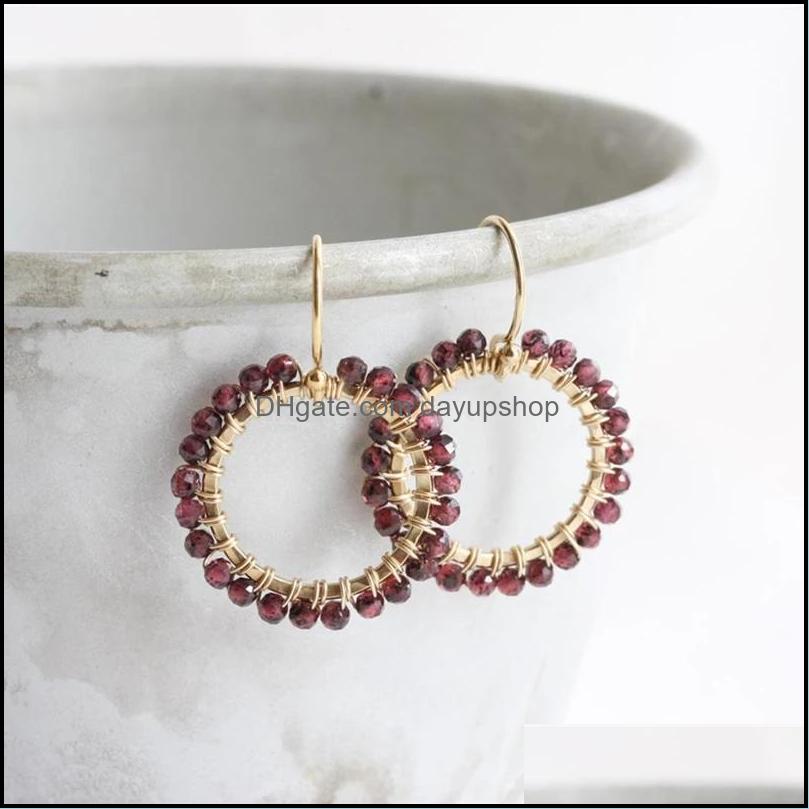 

Dangle Chandelier Earrings Jewelry 14K Gold Filled Circle Natural Garnet Brincos Hammered Oorbellen Boho Pendi Dhtpm