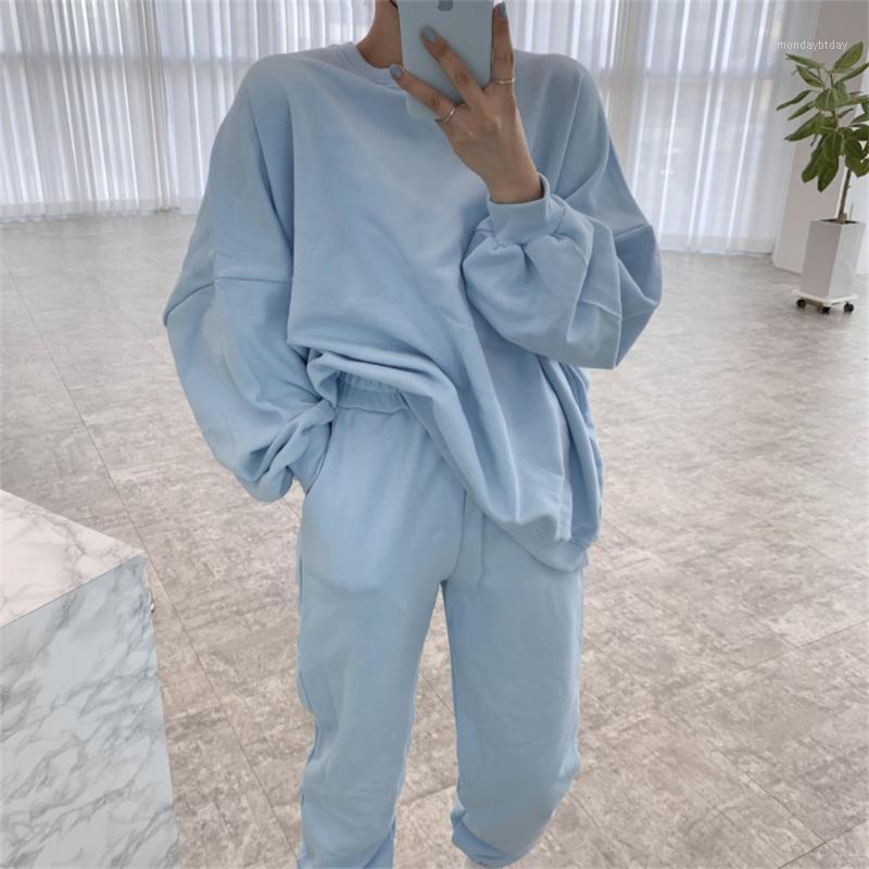 

Women's Two Piece Pants Alien Kitty Minimalist Cotton Loose Women Sweatshirts Suits Casual Streetwear Autumn Solid Chic All Match High Waist, Blue