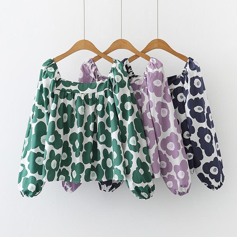 

Women's Blouses & Shirts Spring/Autumn Vintage Floral Square Collar Puff Sleeve Casual Long Female Short Tops Shirt