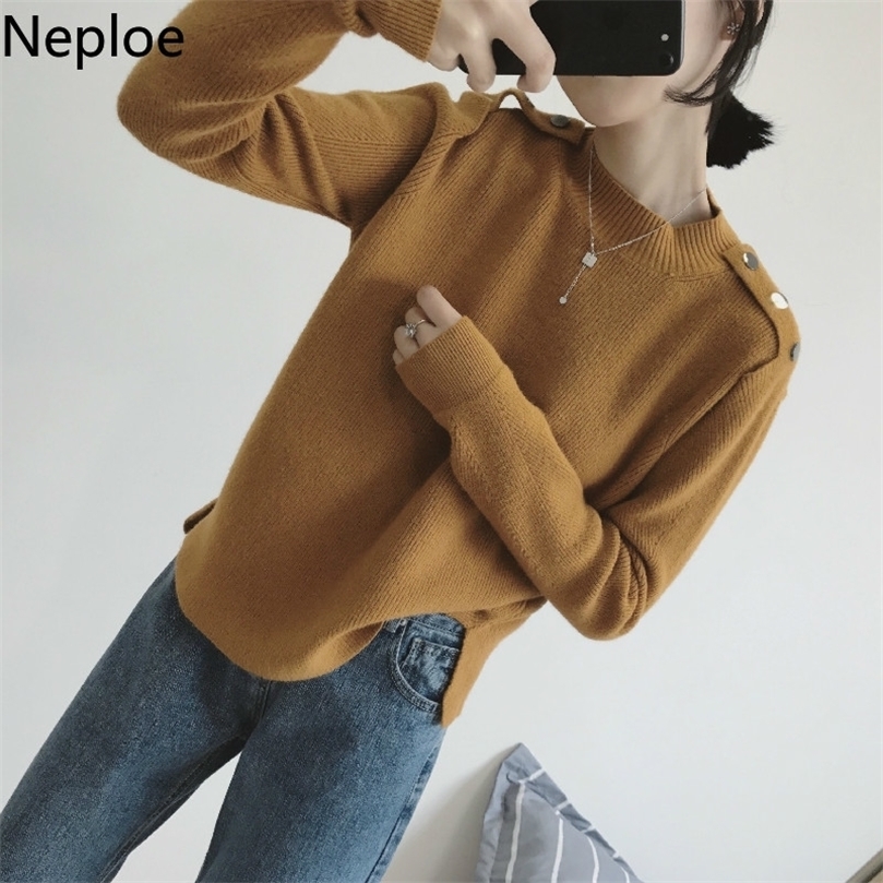

Neploe Autumn Winter O Neck Pullover Sweater Women Solid Long Sleeve Shoulder Button Pull Femme Knit Cross Top 46827 201203, Ginger yellow