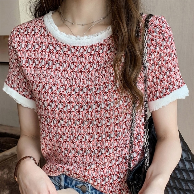 Rétro été glace soie à manches courtes femmes t-shirts gland bouton Patchwork haut tricoté 220615