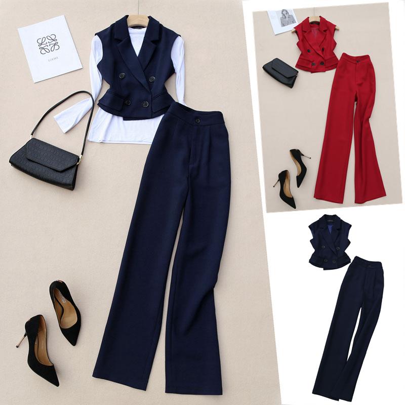 

Women' Two Piece Pants Elegant Short Design Suit Vest Set Double Breasted Sleeveless Jacket + Wide Leg Trousers, Blue