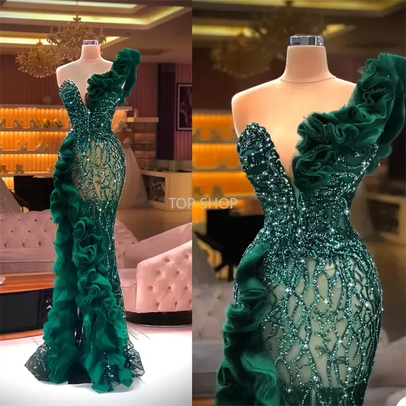 

Luxury Evening Dresses Sexy Side Split Ruffles Tulle Mermaid Prom Dress Glitter Sequins Beads Custom Made Chic Formal Party Gowns 2022, Hunter green