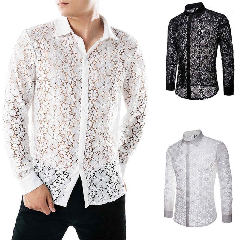 

Men' Pure Color Fashion Full Lace Club Hollow Long Sleeves Lapel Shirt Party Sexy Translucent Sleeve Casual Shirts